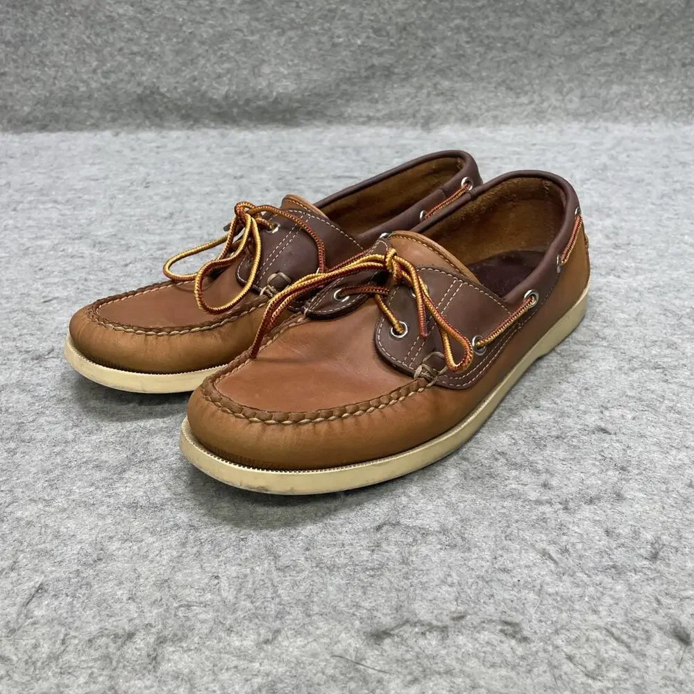 LL Bean Mens 8 D Brown Leather Boat Shoes Moc Toe Lace Up Casual